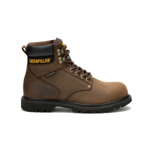 Men's CatFootweat Second Shift Waterproof Steel Toe Work Boots Dark Brown | 6824-WCJVP