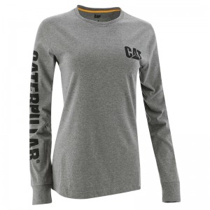 Women's CatFootweat Trademark Banner Long Sleeve Tee Workwear Dark Grey | 9712-QKSFC