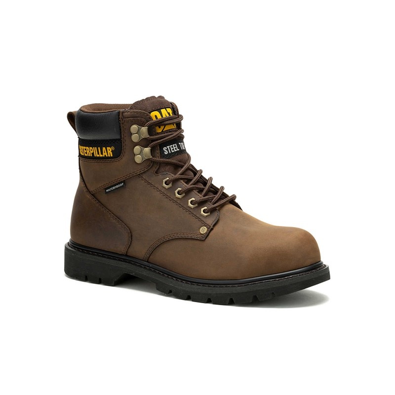 Men's CatFootweat Second Shift Waterproof Steel Toe Work Boots Dark Brown | 6824-WCJVP